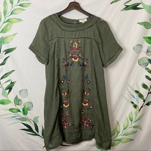 Umgee Olive Embroidered Short Sleeve Dress
